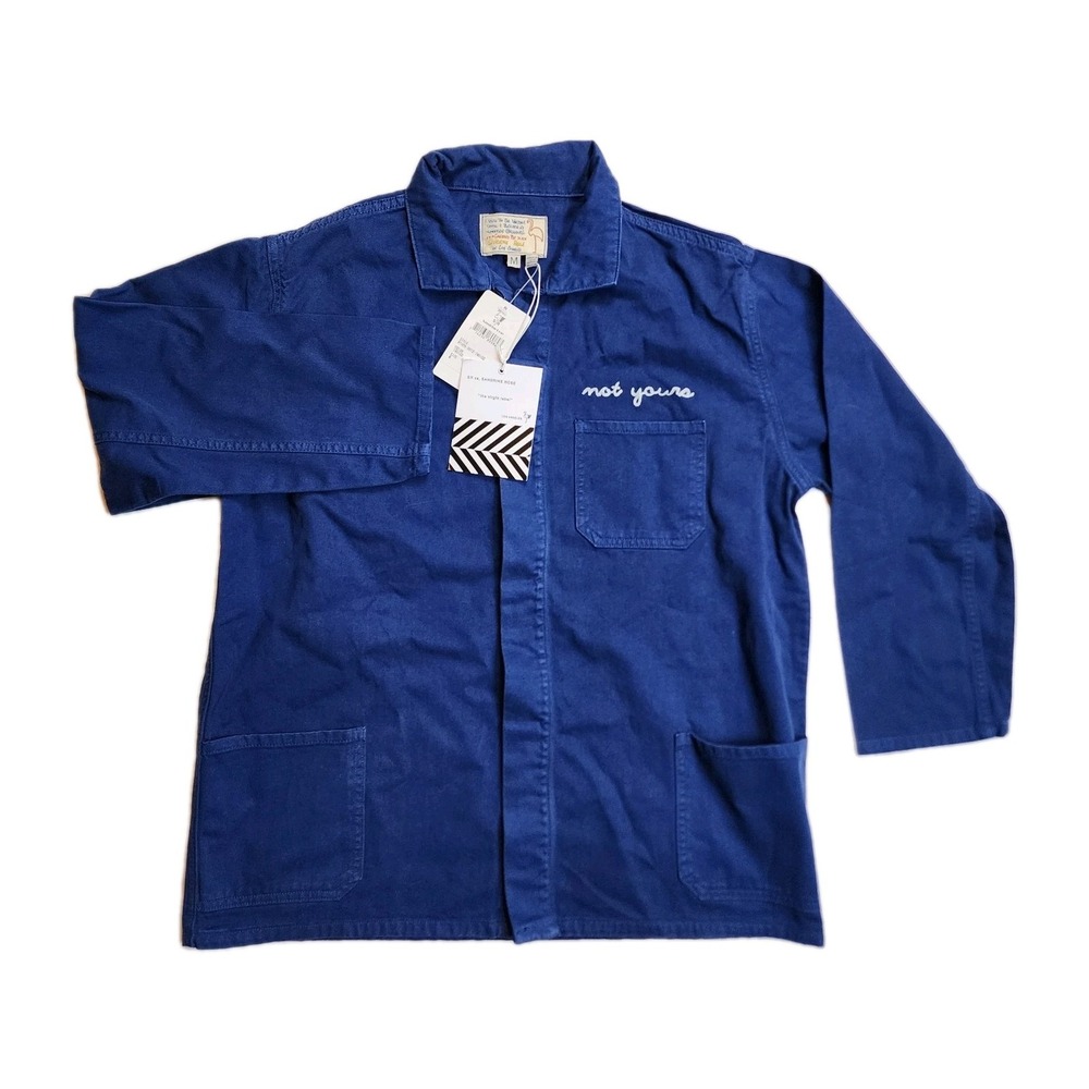 Sezane L'Artiste Jacket M Blue Embroidered Not Yours Cotton Chore Workwear NWT